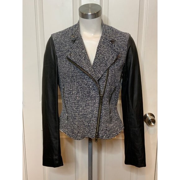 Theory Black & White Tweed Zip-Up Moto Jacket Lamb Leather Sleeves, Size 6 - Picture 5 of 12